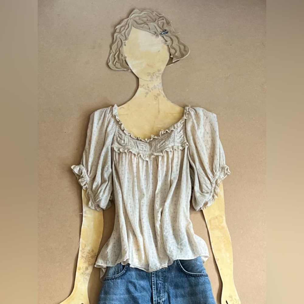 Dôen Frances Floral Top Striped Puff Sleeve Lace Ruffle Vintage Blouse sz M